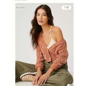 Anthropologie Cable‎ Knit Cropped Cardigan Sweater Orange Button Down  Women XS